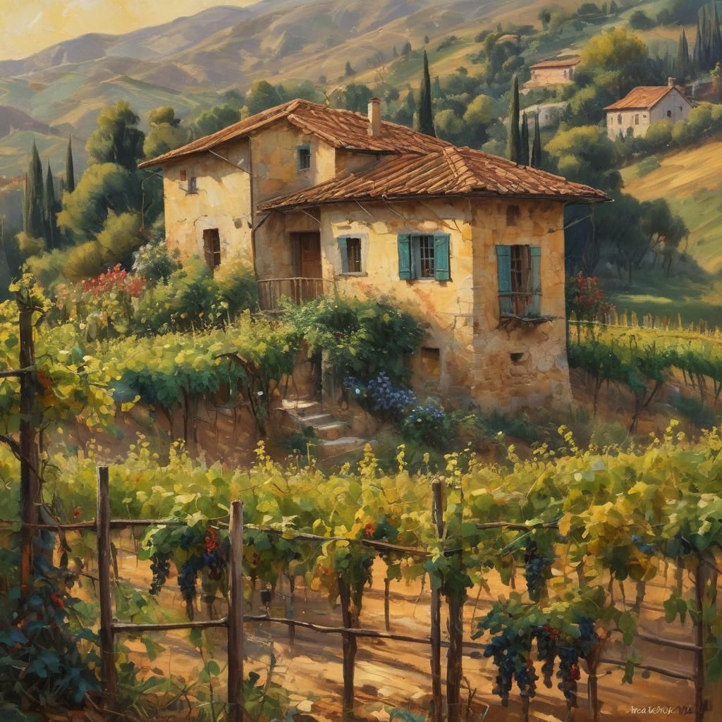 Tuscan Cottage in Neo-Impressionist Oil Painting