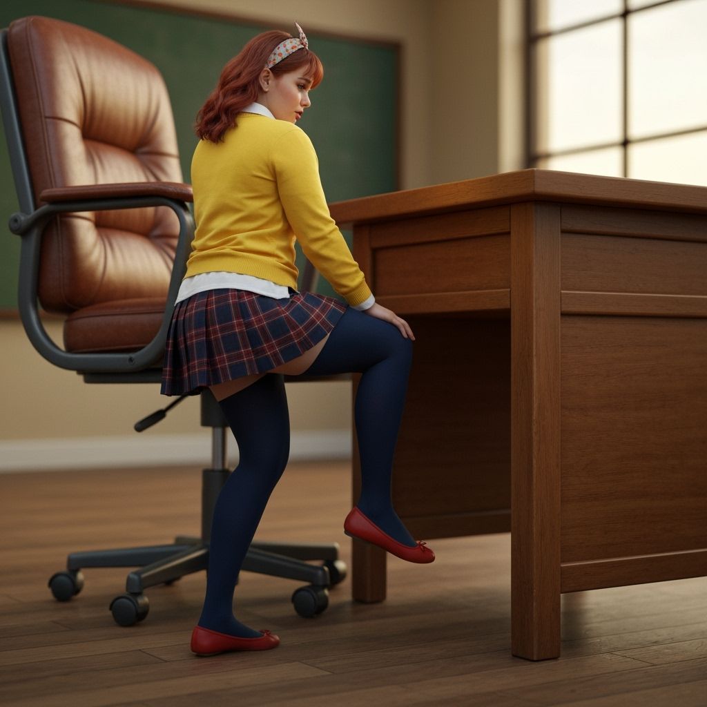 Tiny Woman Climbs Giant Desk Chair in Oversized Classroom