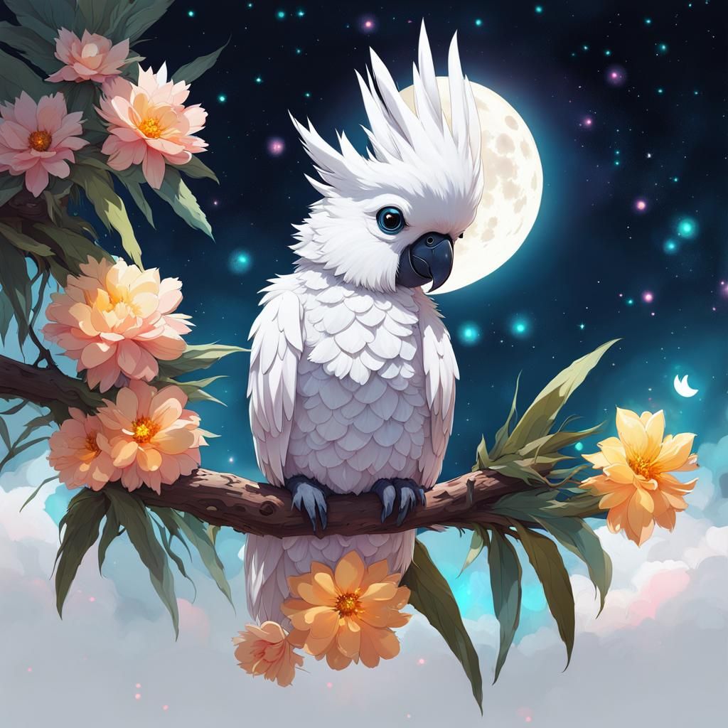Chibi Cockatoo Constellation in Bioluminescent Garden