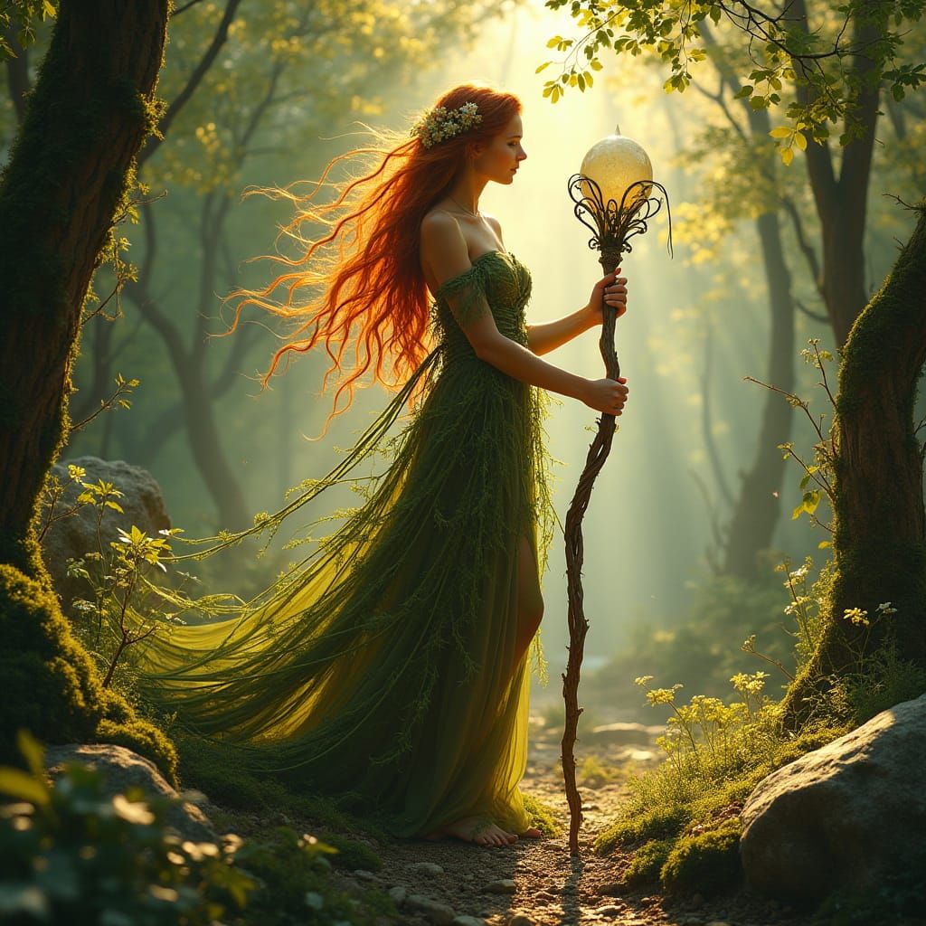 Celtic Goddess in Forest Clearing, Art Nouveau Style