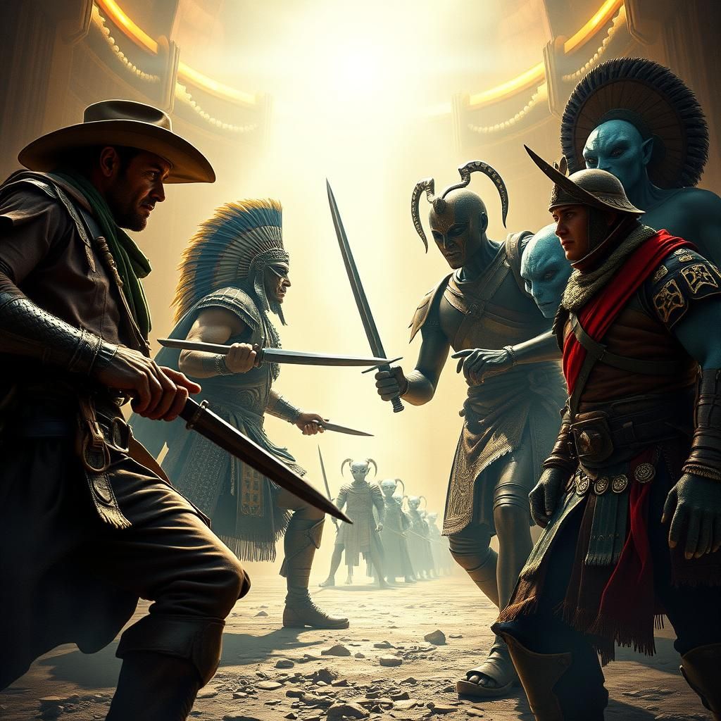 A cowboy, Aztec warrior, Roman soldier and a Samurai caught in a dimensional rift, fighting in a cosmic coliseum, watche...