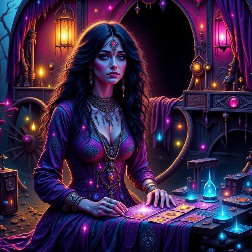 Mystical Gypsy Woman Reads Neon Tarot Cards