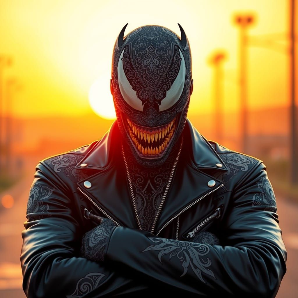 Venom in Leather Jacket with Zentangle Patterns