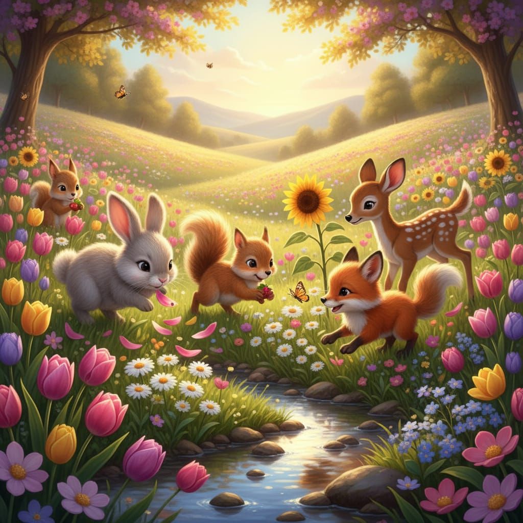 Cute Animals Play in Vibrant Spring Flowers