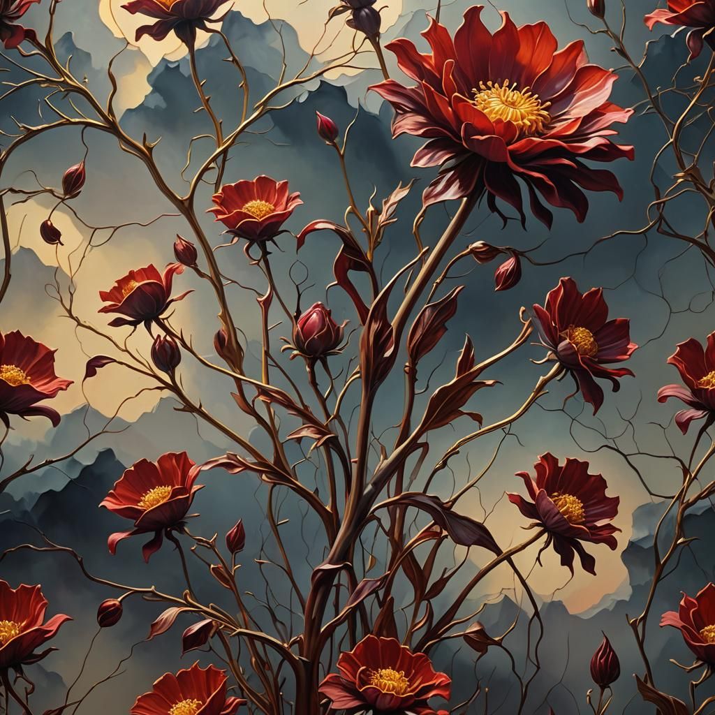 Surreal Deep Red Flower Blooms in Twilight