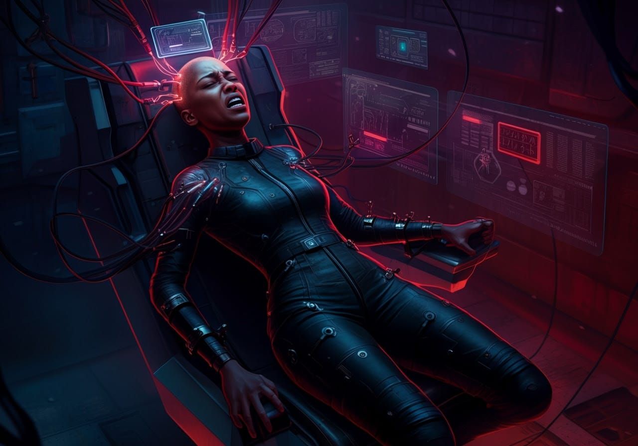 Cyberpunk Woman Trapped in High-Tech Agony