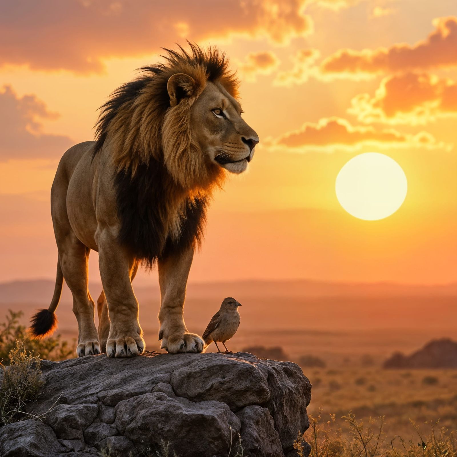 Lion and Sparrow Watch African Sunset Together