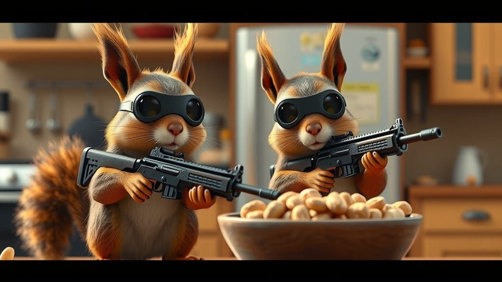 Pixar-Style Squirrel Bandits Stealing Peanuts