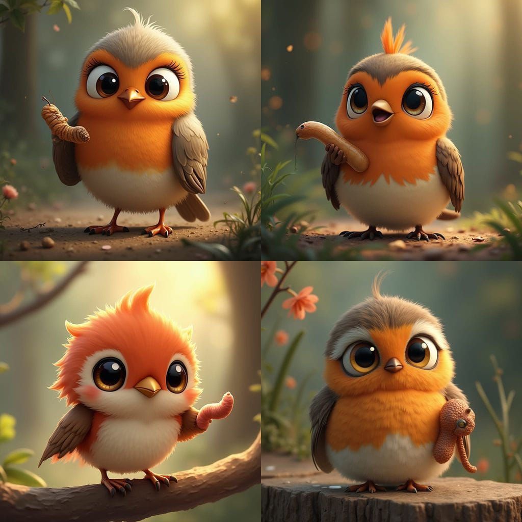 Cute Chibi Robin Bird Finds a Worm
