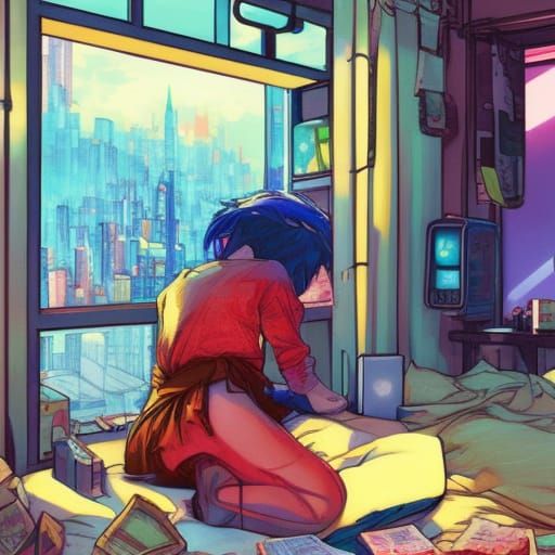 Cyberpunk Lo-Fi Room in Comic Book Style