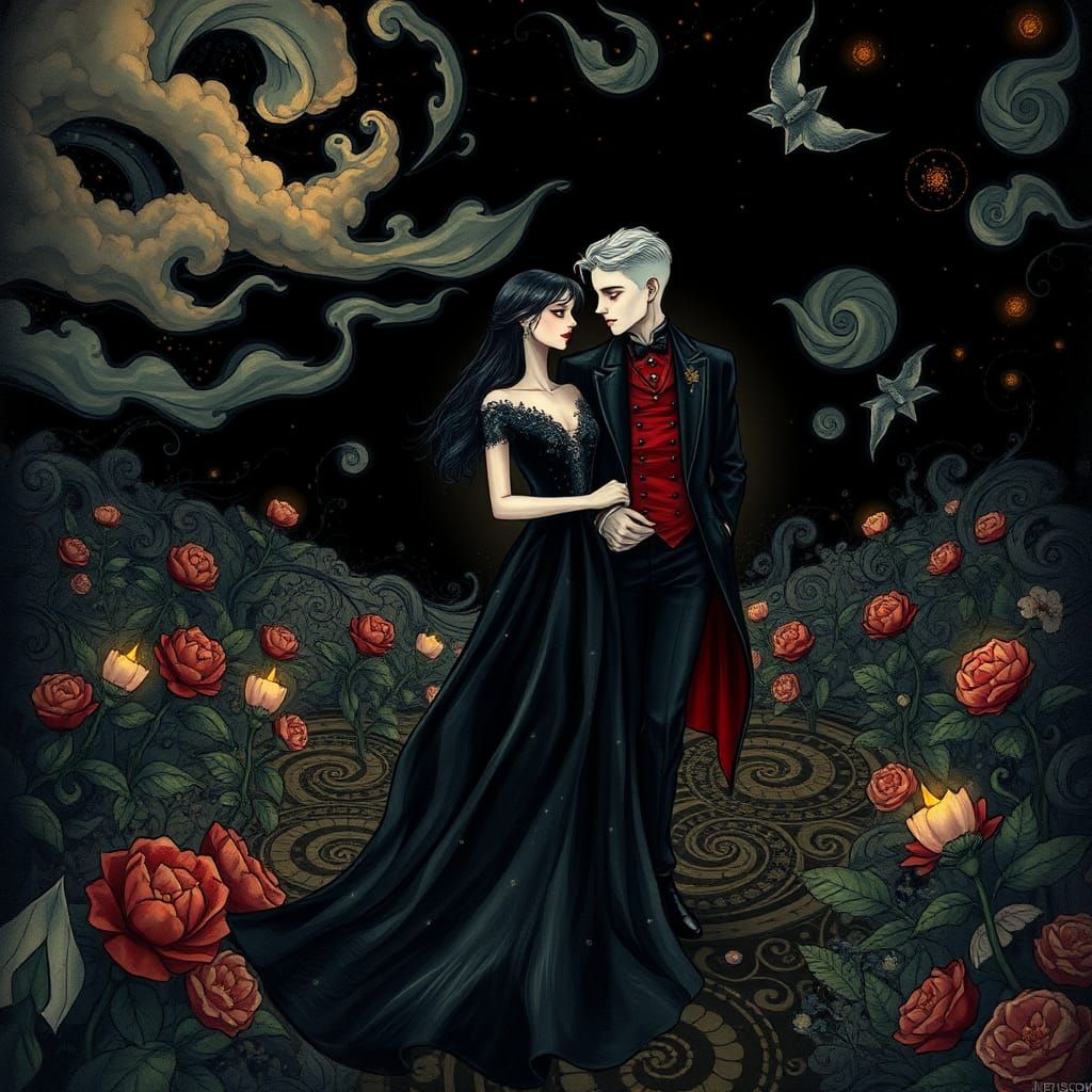Goth Couple in Ethereal Dark Fantasy Garden