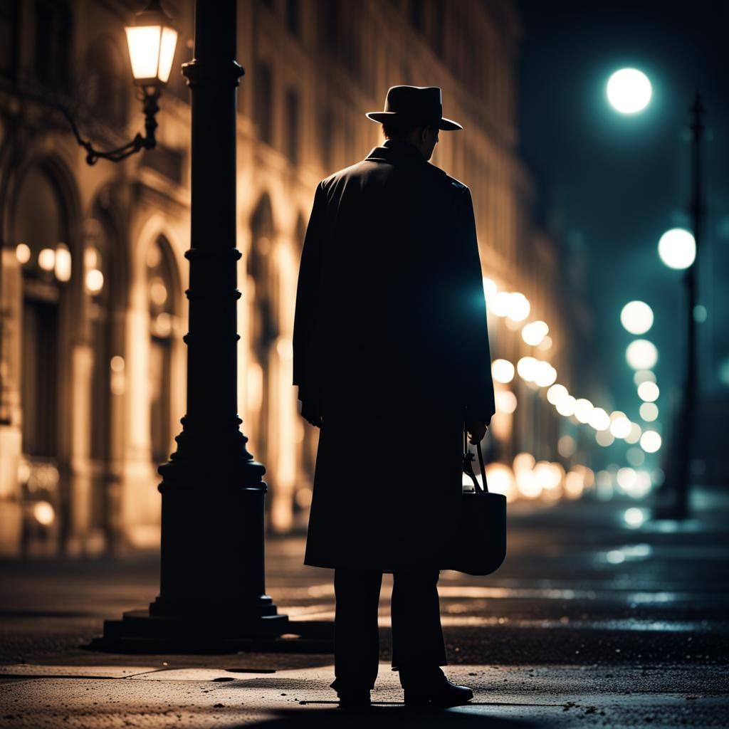 Noir Detective Under Streetlamp in Digital Art