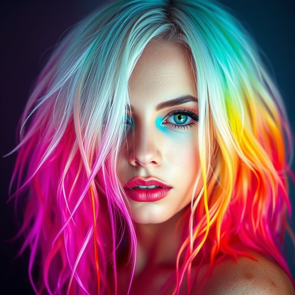 Woman with White Hair Engulfed in Vibrant Color