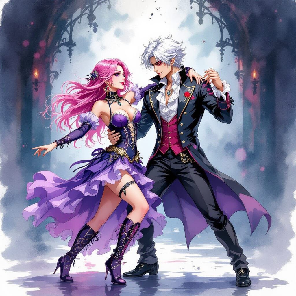 Gothic Dance of a Pink-Haired Woman in Watercolor Style