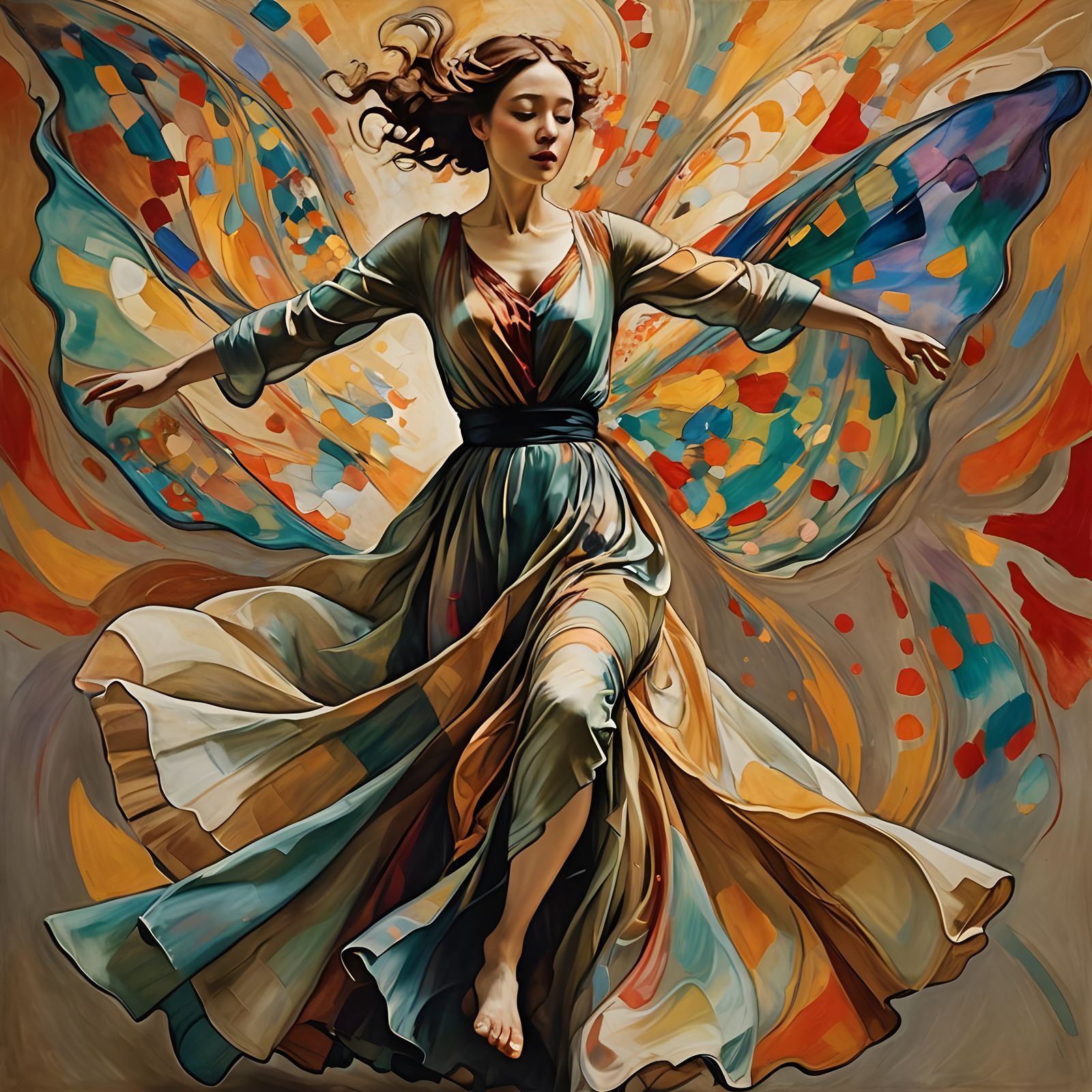 Woman Dancing in Colorful Silks, Impressionist Style