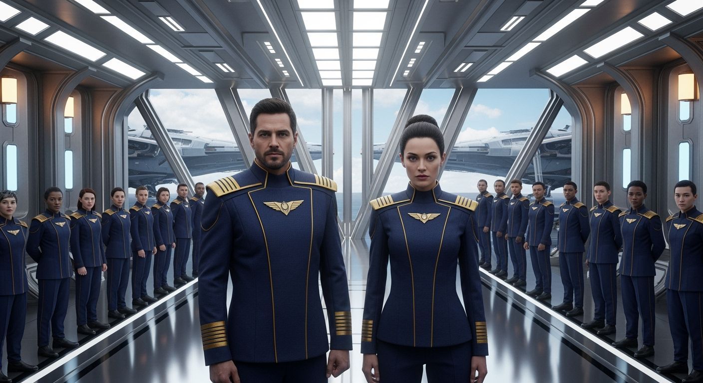 Futuristic Officers in Starship Corridor