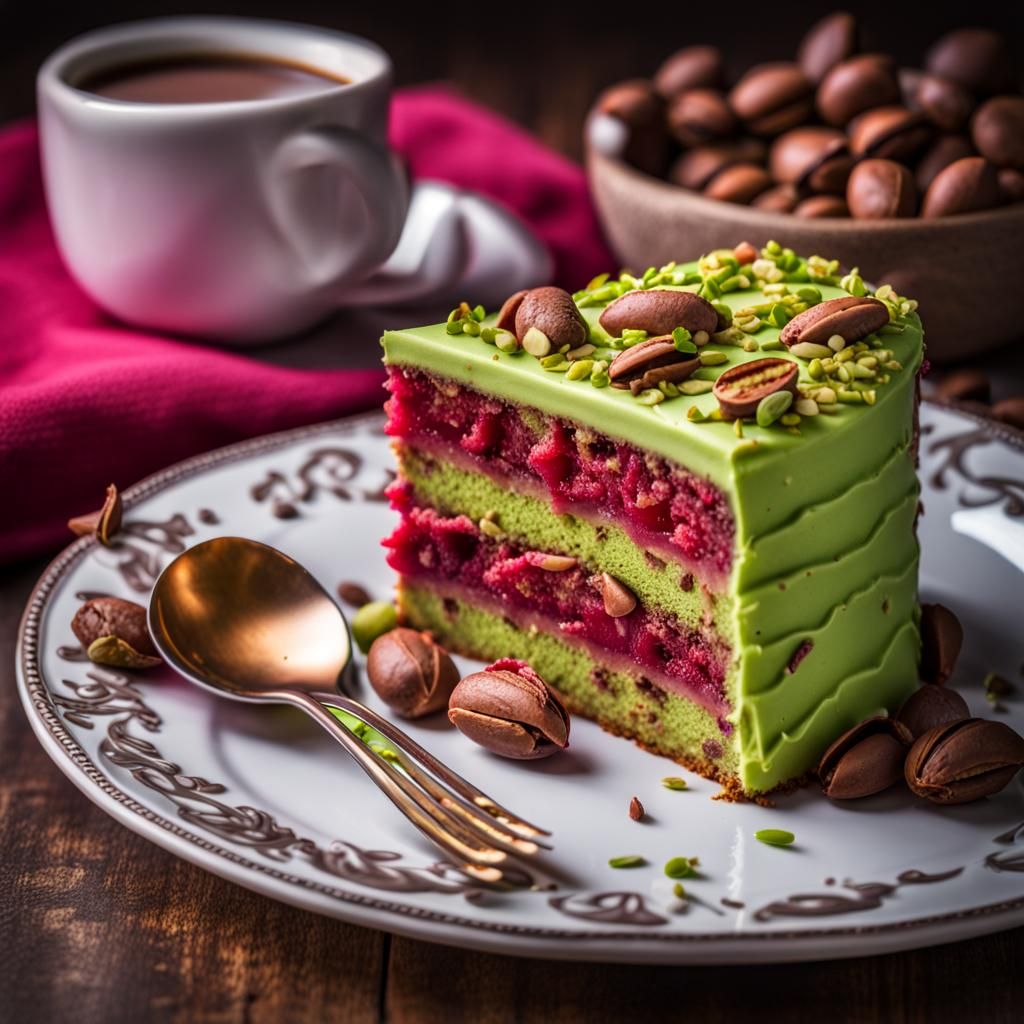 Hyperdetailed Pistachio Raspberry Cake with Hot Chocolate