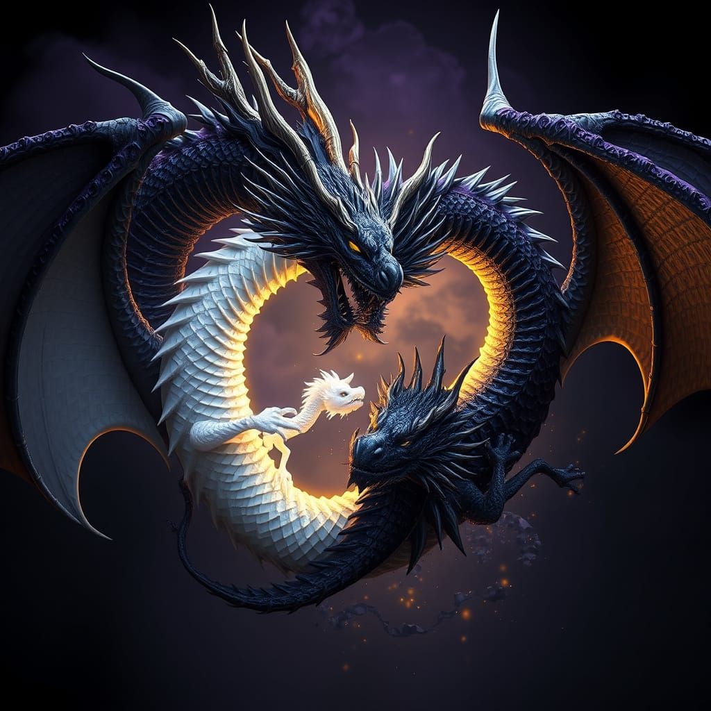 Cyberpunk-Inspired Dark Fantasy Dragon Brothers in Elegant B...