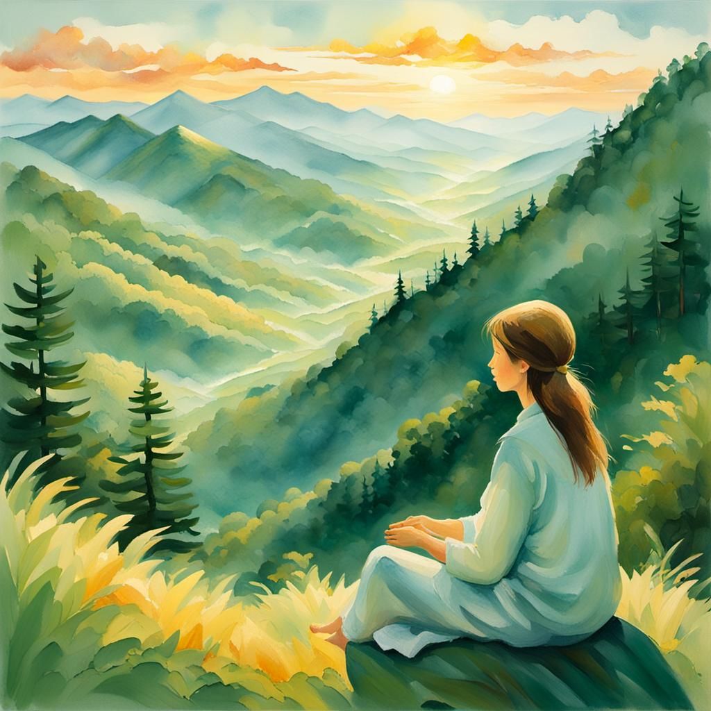 Serene Figure Lounging on Lush Green Mountain