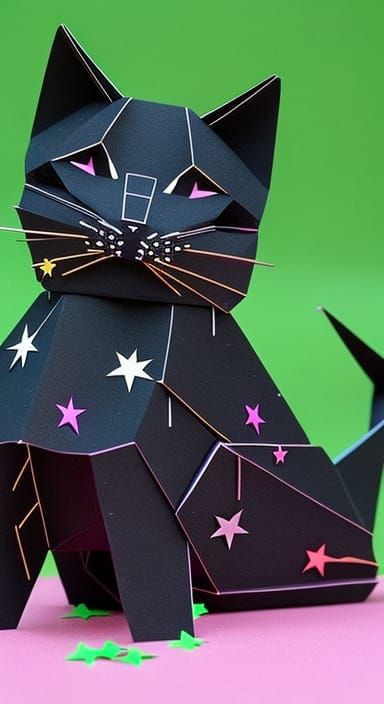 Black Cat Swatting at Neon Origami Stars
