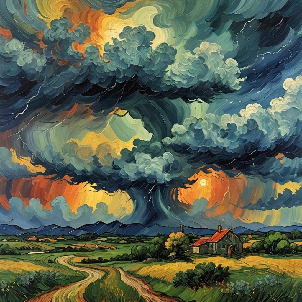 Van Gogh Style Tornado Thunderstorm Landscape