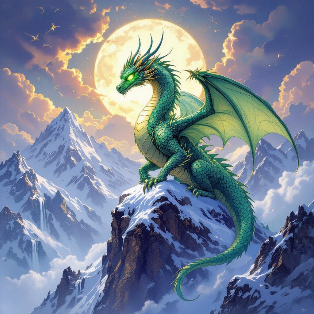 Emerald Dragon on Snow Mountain in Art Nouveau Style