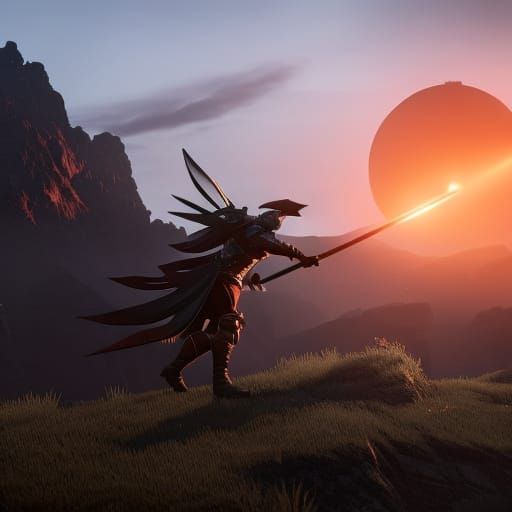 Winged Hero at Sunset: Dark Fantasy Art