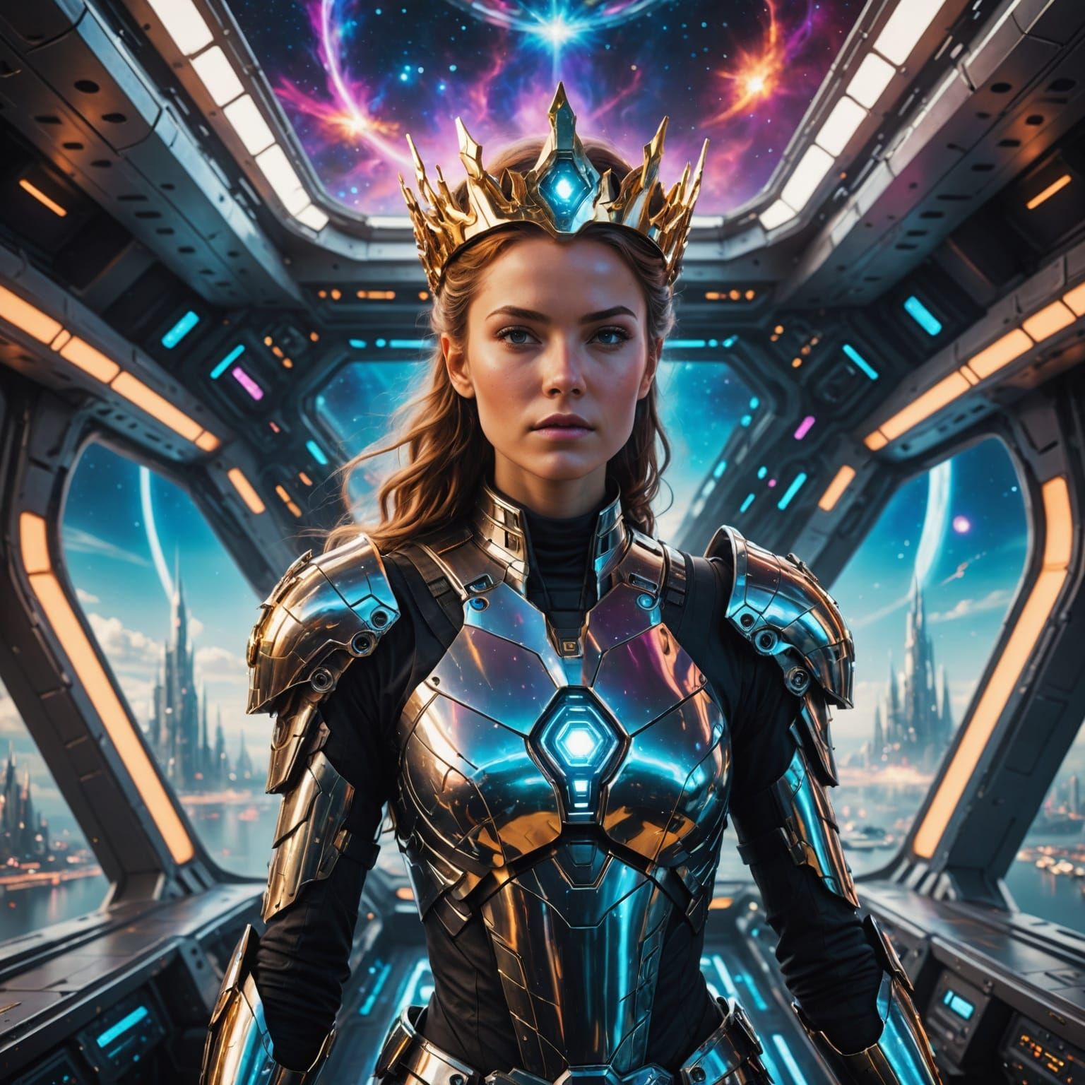 Futuristic Warrior with Energy Crown on Starship Bridge
