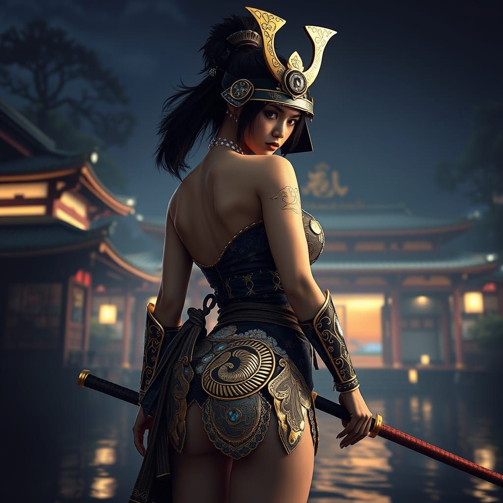 Fantastical Female Samurai in Intricate Gold Swim Suit, Appr...