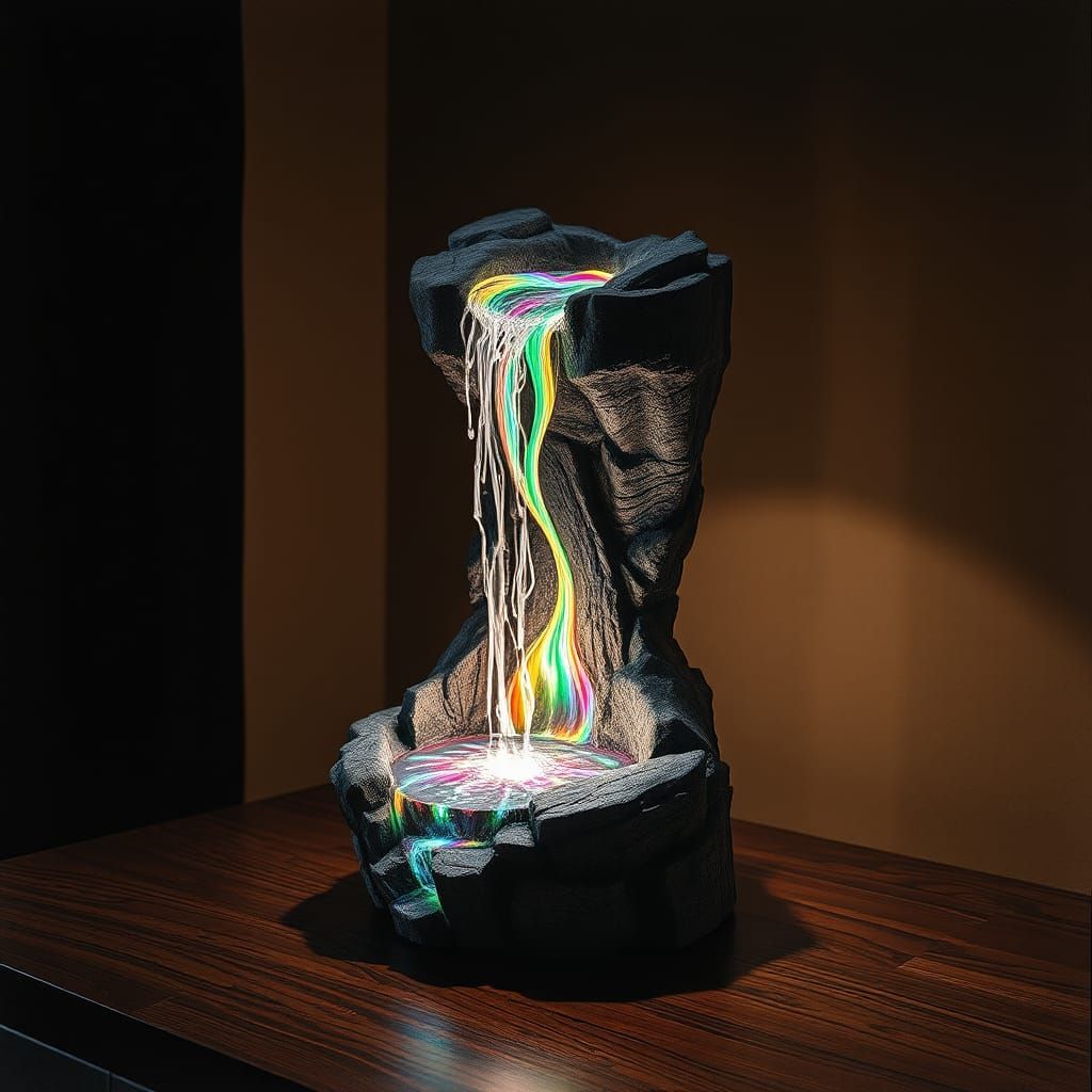 Waterfall Lamp on Wooden Table, Charcoal Drawing