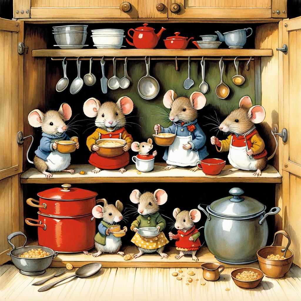 Mouse Family in Cozy Cupboard, Storybook Illustration