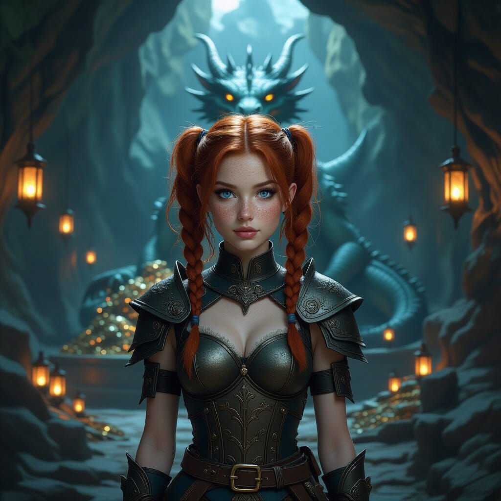 Redhead Encounters Dragon in Lantern-Lit Cave