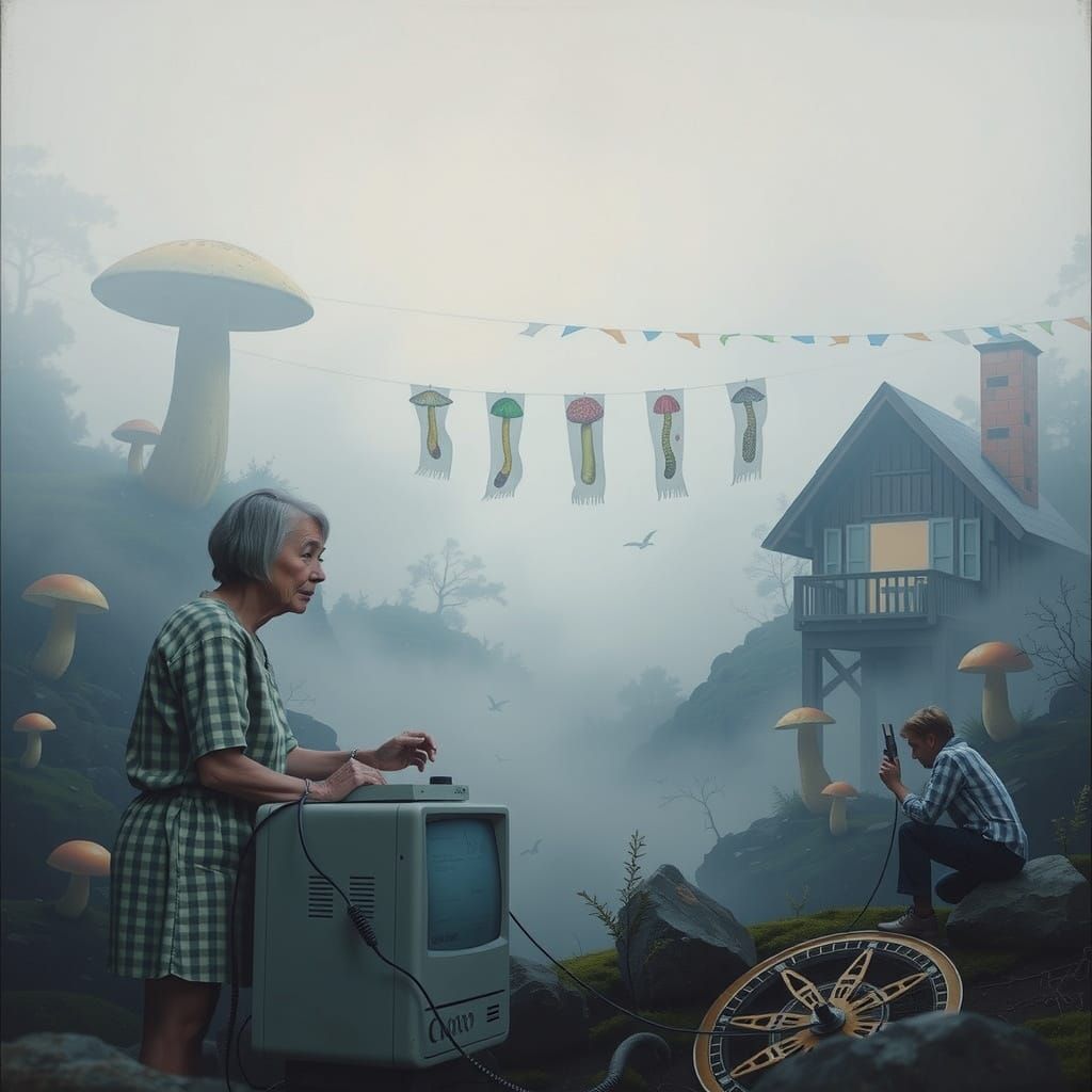 Whimsical Scene: Elders Repairing Ancient Computer