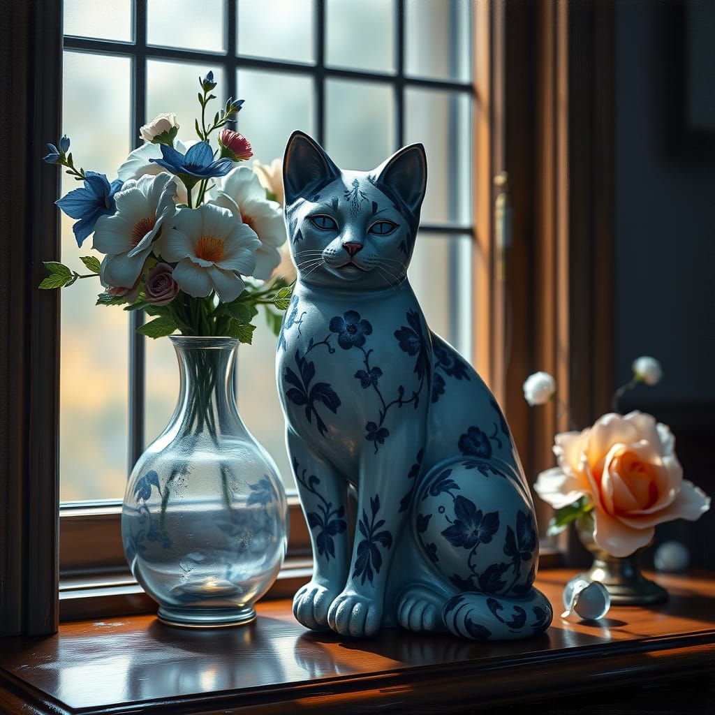Surreal Blue and White Floral China Cat Statue in Hyperdetai...