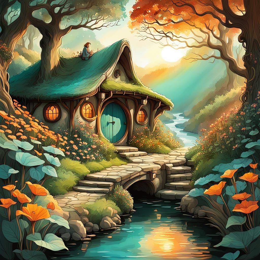 Hobbit Family in Forest Village, Art Nouveau Style