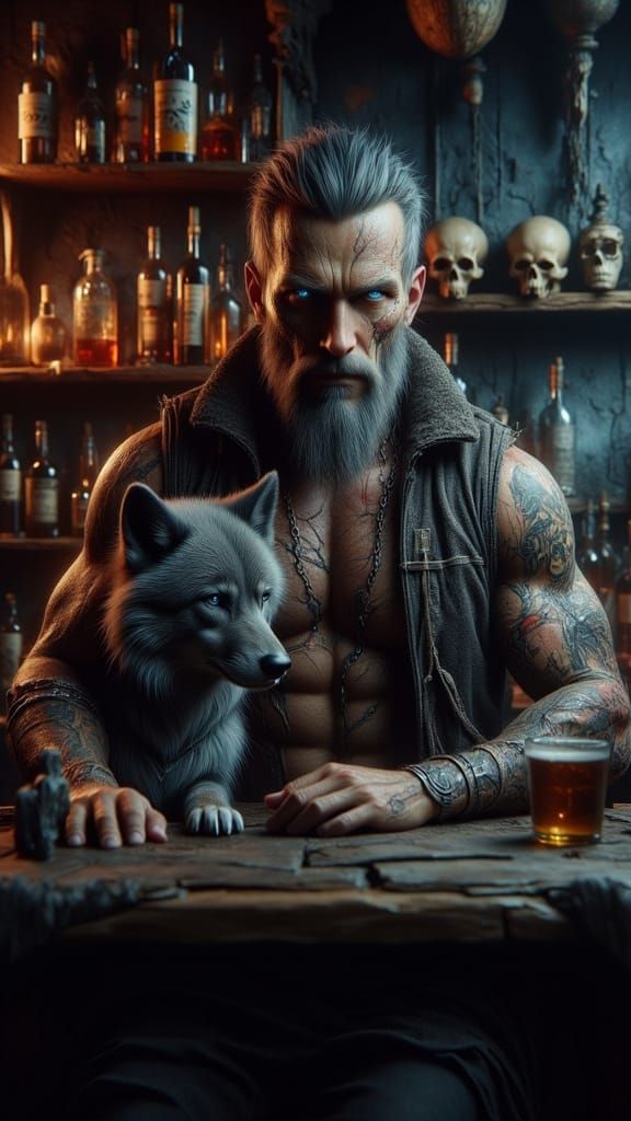 Rugged Barbarian Bartender in Dim Tavern