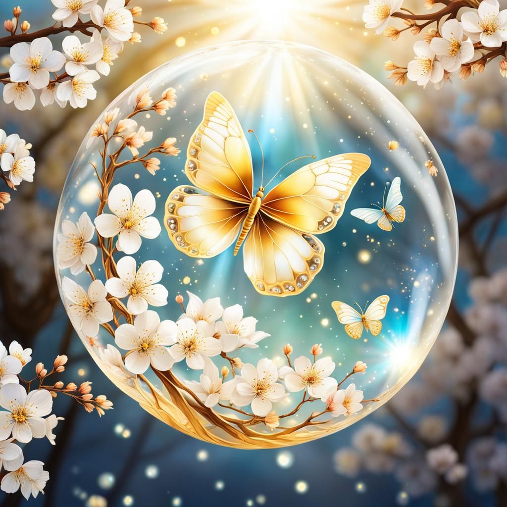 Bioluminescent Butterfly in Sphere with Cherry Blossoms