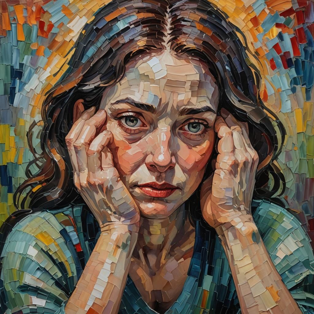 Emotive Woman in Muted Light, Neo-Impressionist Oil Painting