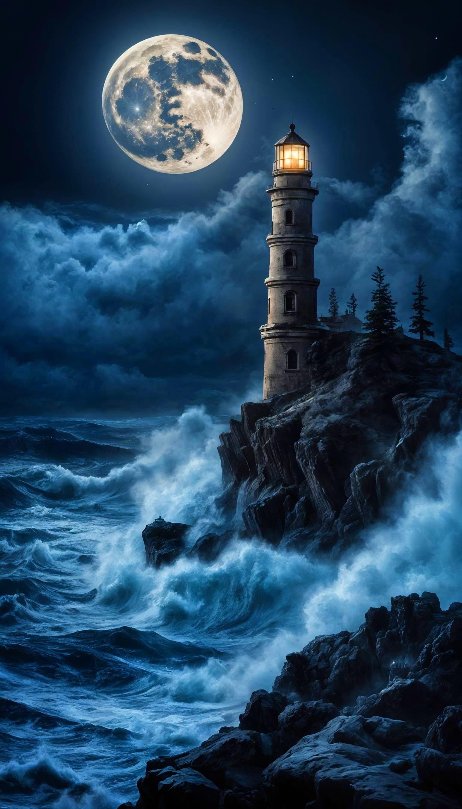Moonlit Lighthouse in Turbulent Ocean