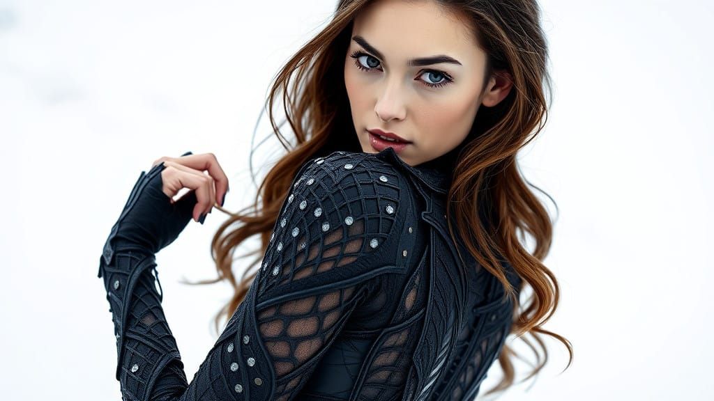 A photograph of Gal Gadot with shimmering hair, wearing a bl...