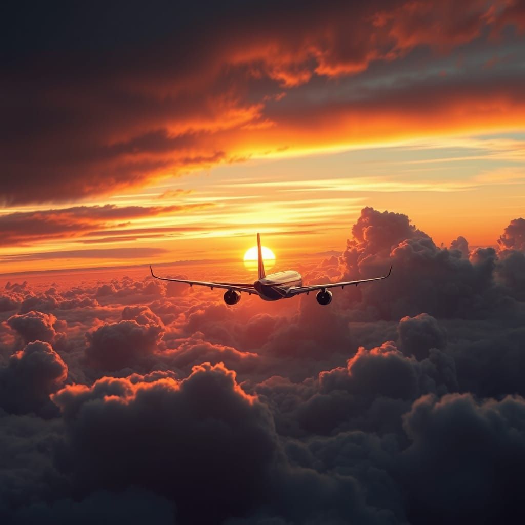 Cosmic Jetliner Soars Towards Vibrant Sunset