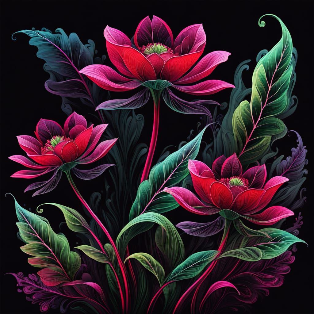 Vibrant Red and Magenta Flowers Unfold Against Dramatic Blac...
