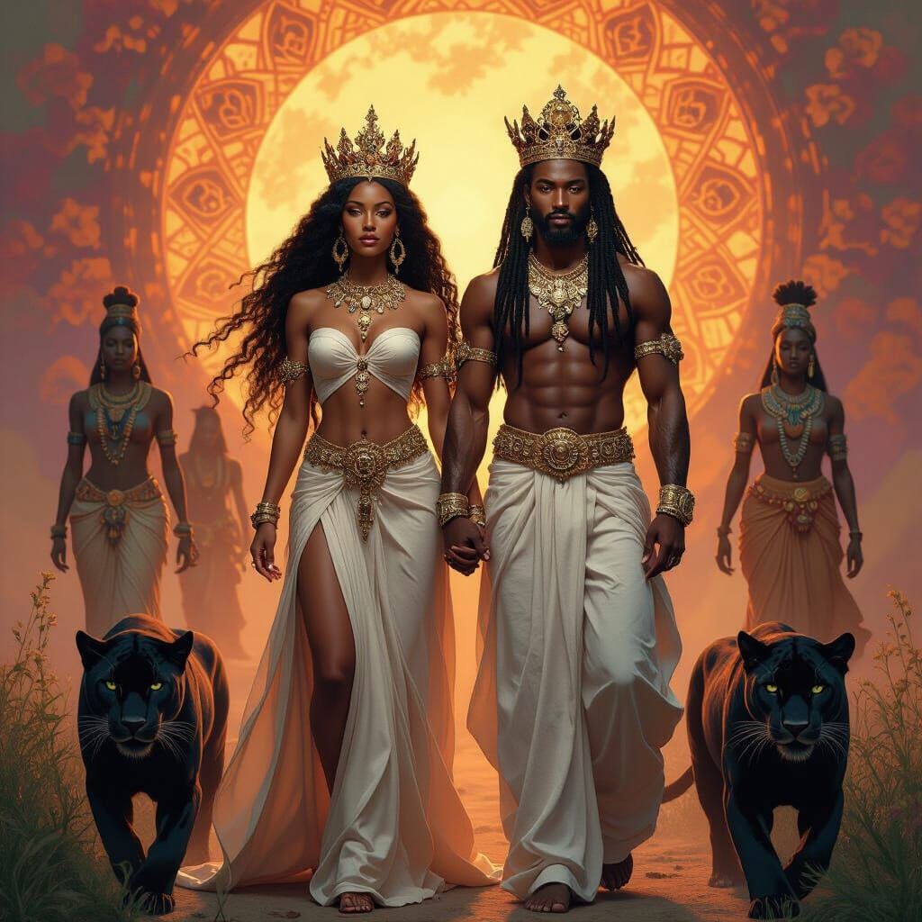 Melanin Royalty: Goddess, God, and Panthers in Golden Light
