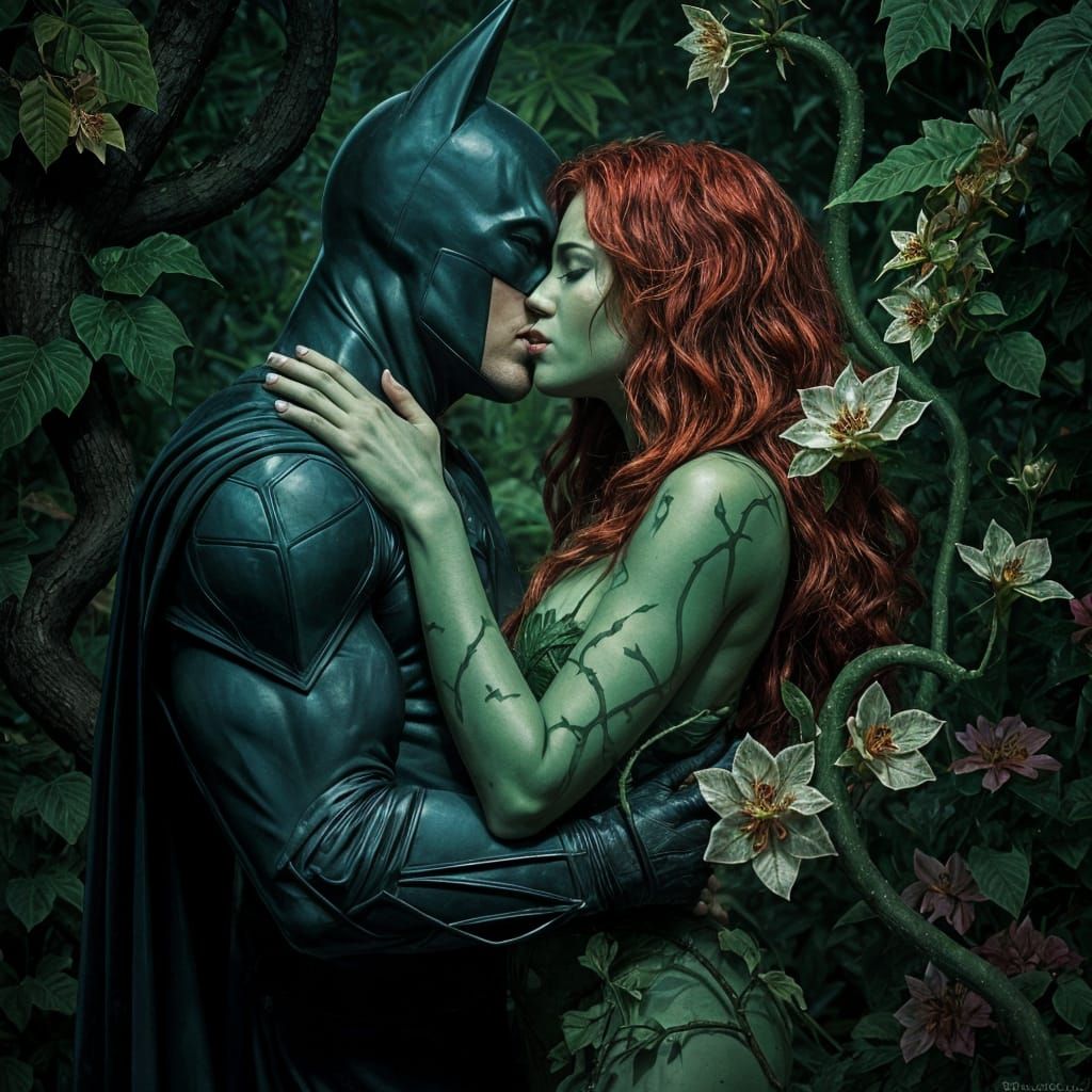Poison Ivy Kisses Batman in Botanical Garden