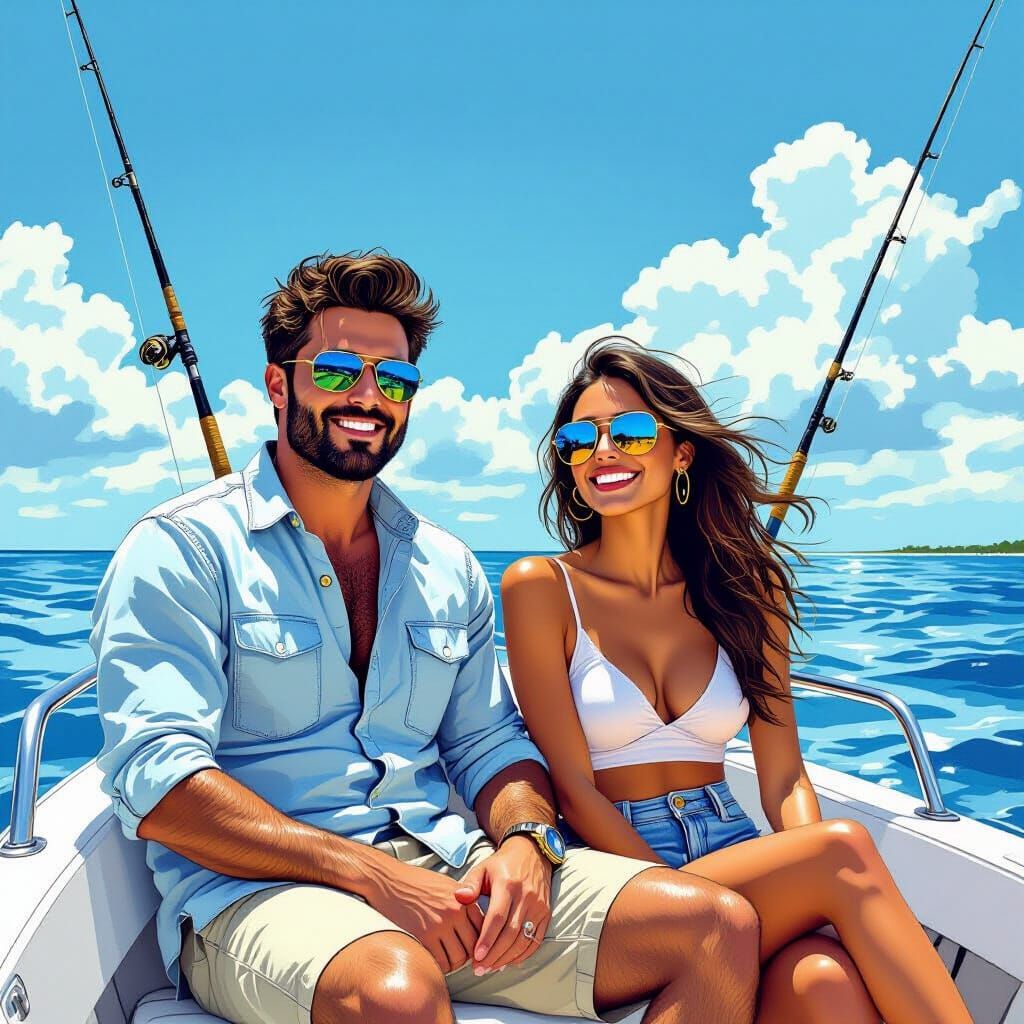Latino Couple Fishing Boat in Comic Book Style