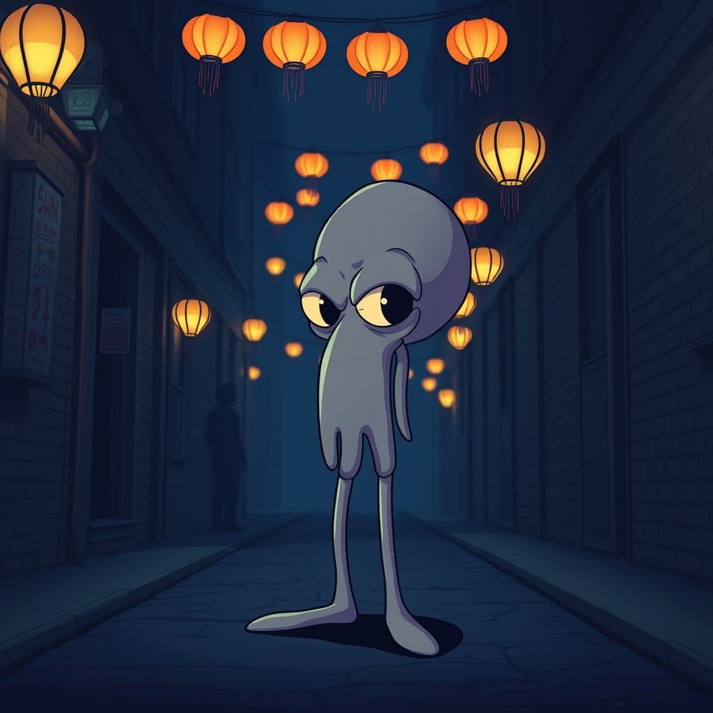 Sarcastic Squidward in Eerie Bikini Bottom Alleyway