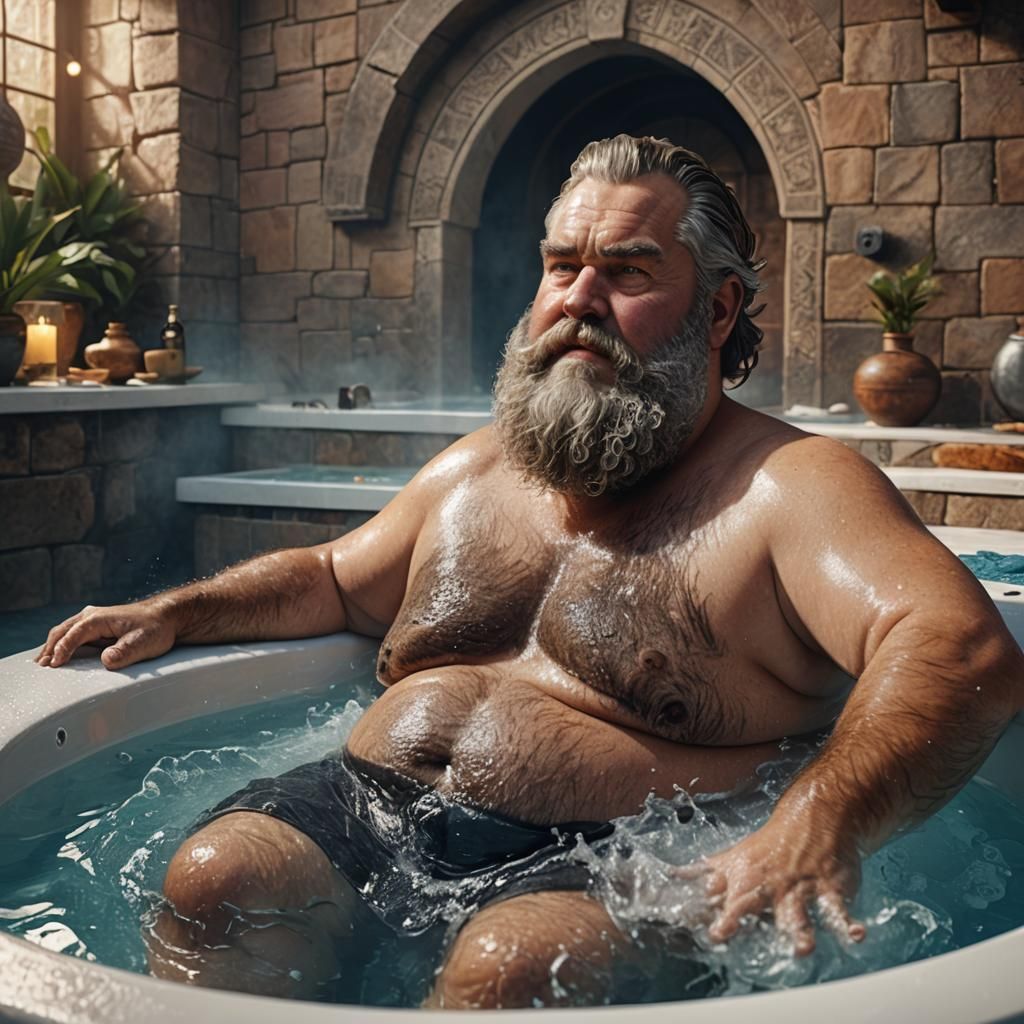 Hyperrealistic Bearded Man in Jacuzzi: Detailed Matte Painti...
