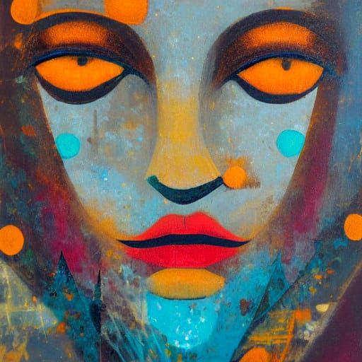 Woman Under Moonlight in Vibrant Geometric Oil Painting