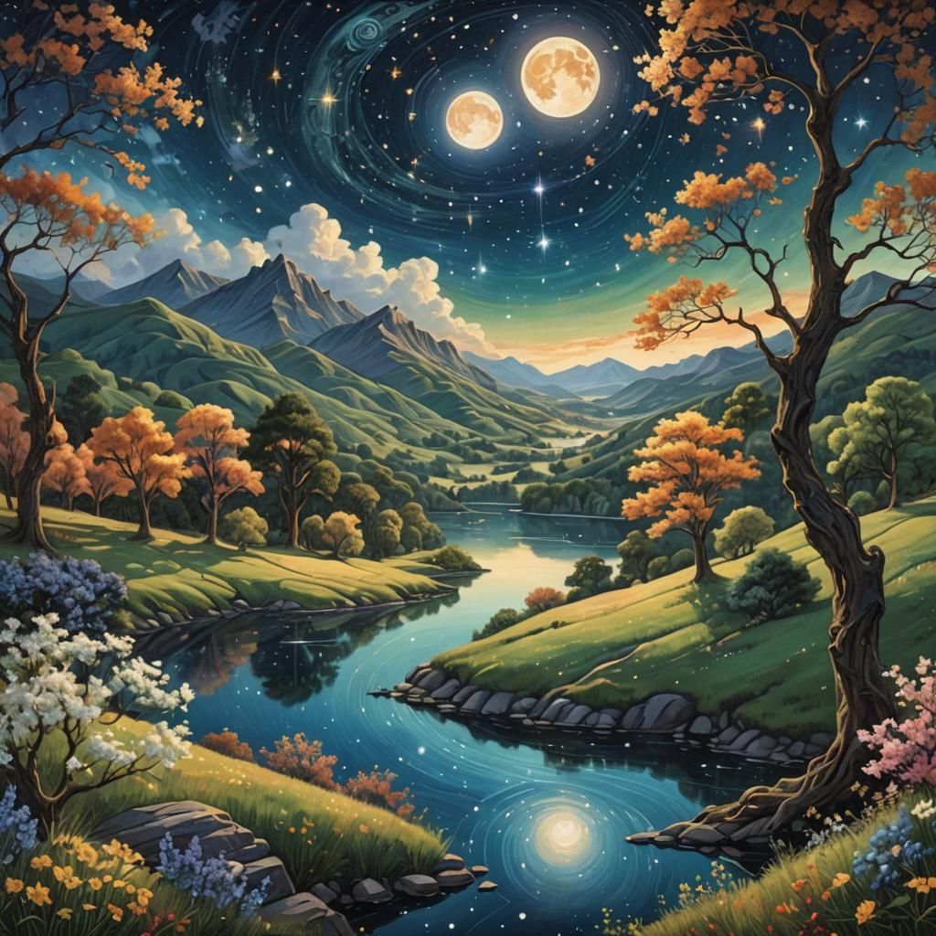 Enchanting Night Sky Over Serene Rolling Hills