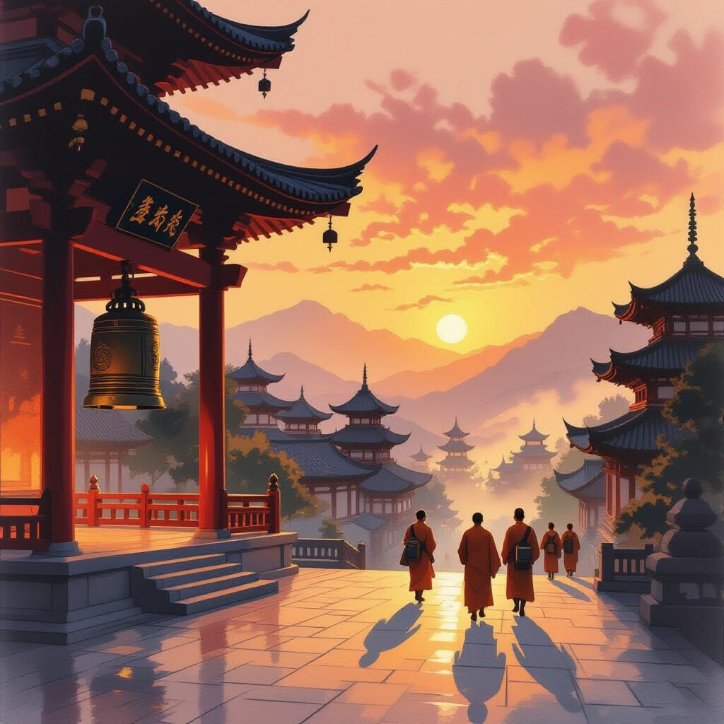 Temple Bells Ringing at Dusk in Romanticist Style